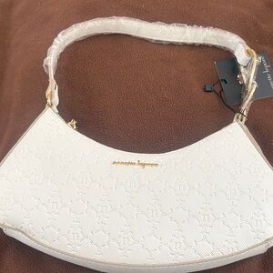 Nanette Lepore White Embossed Crescent Shoulder Bag with Gold Hardware